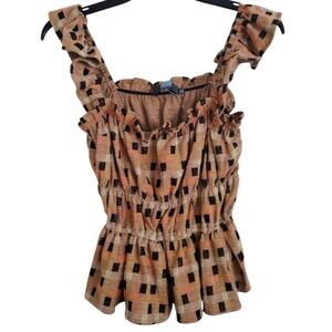 Eva Franco Ruffled Checkered Square Patterned Tan Multicolor Top Size Medium